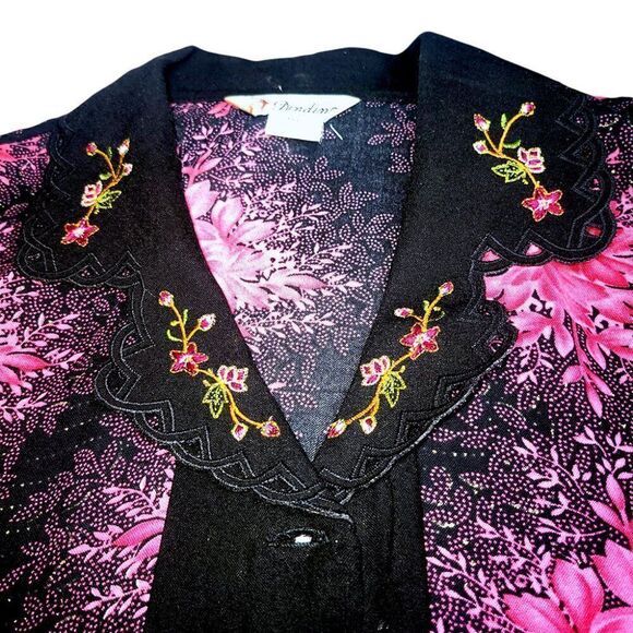 Hot pink black fireworks embroidery floral 3/4 sleeves layered top - Picture 7 of 8
